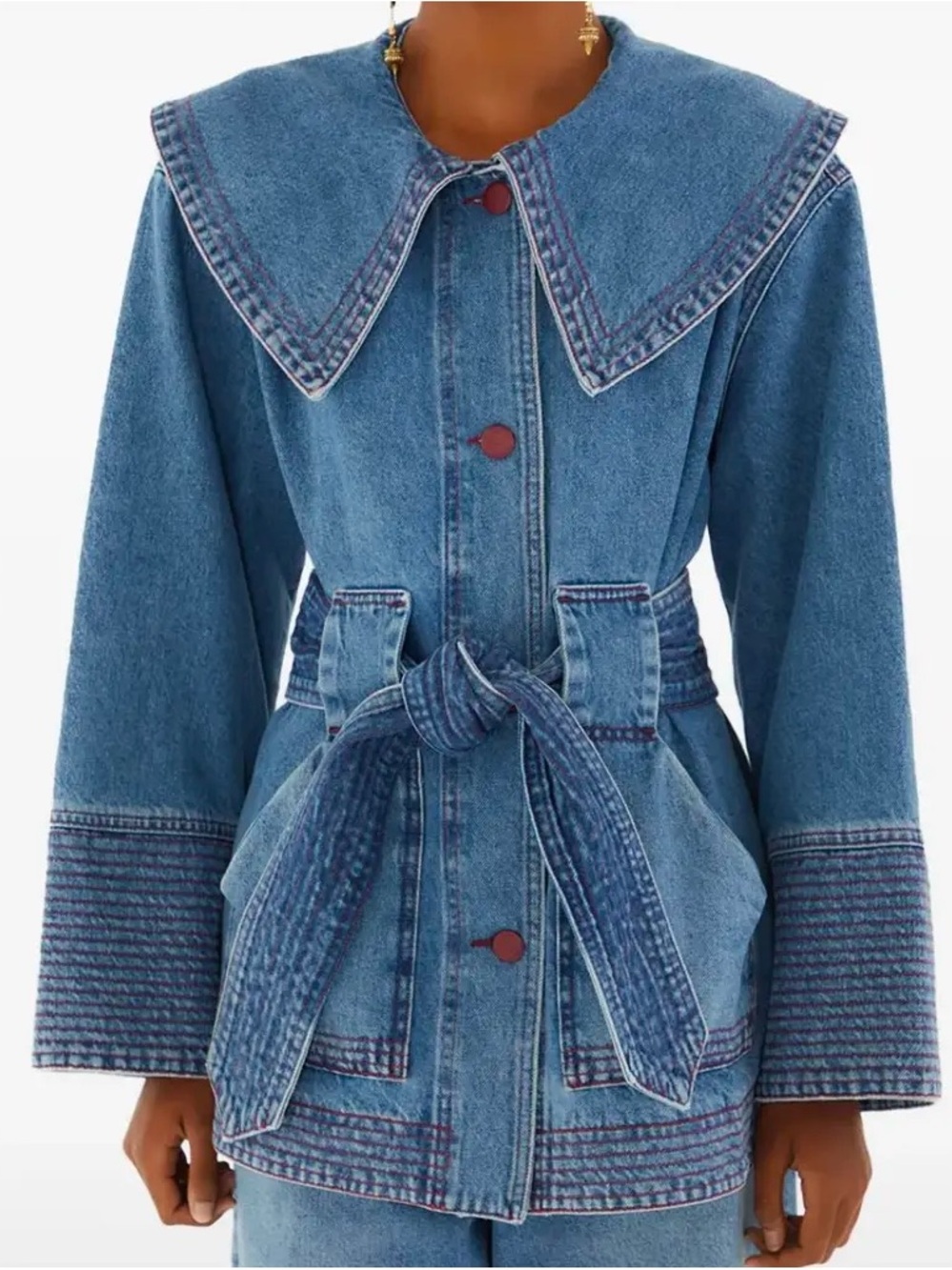 FARM Rio Blue Denim Belted Jacket with Contrast Stitching